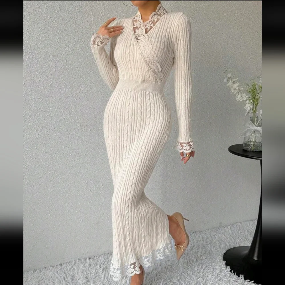 Women Elegant Solid Color Lace Patchwork Fitted Long Sweater Dress, - Picture 4 of 4